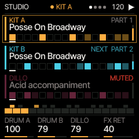 BB1 STUDIO screen: KIT A in amber, KIT B in cyan, Dillo in pink