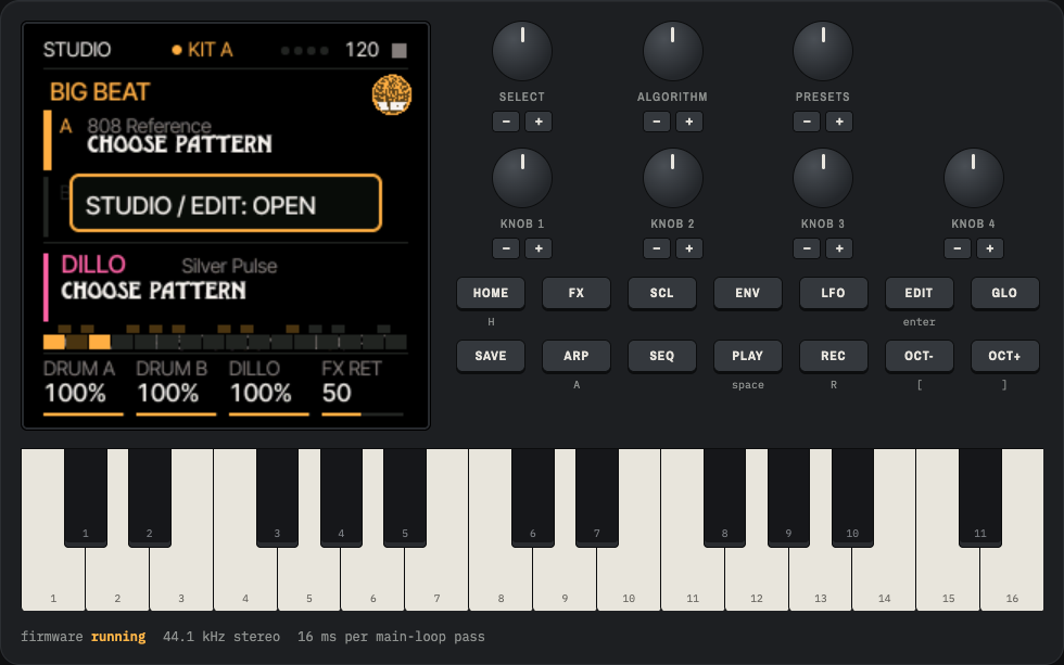The BB1 browser player: the screen, four knobs, the panel buttons and keyboard